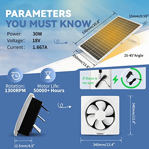 Ventilador de exaustão com energia solar POAFAMX, painel solar de 30W + 10 '' de ventilador de fluxo de ar grande com obturador