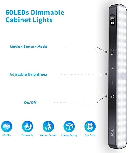 FERSWE sob luzes do gabinete recarregável, exibição no nível da bateria, 60 luz do gabinete do sensor de movimento LED, controle