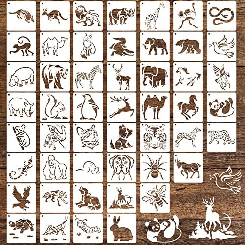 50 PCS Pintura de animais estênceis reutilizáveis ​​estênceis de animais para pintura em rochas de madeira Poteria de vidro de tecido de tela de madeira 4x4 polegadas