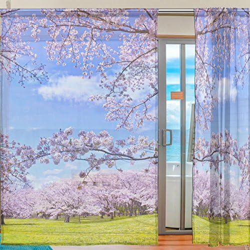 Floral Full Bloom Cherry Tree Semi Sheer Curtains Drapes Voile Painéis Tratamento-55x78in Para o quarto da sala do quarto do quarto do quarto, 2 peças