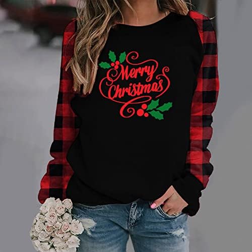 Sweater de Natal feminino Ano Novo 2023 Funny Crewneck Swewewnecthirts Buffalo Plaid Pullover Tops Casual Holiday Tee