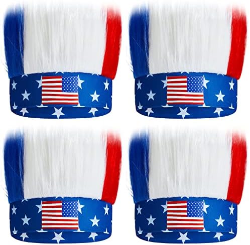 Xunyee 4 PCs American Bandeira Americana Bandeira peluda colorida bandana patriótica Crazy Hair Band 4º de julho Acessórios Red White e Blue Wig para o Dia da Independência