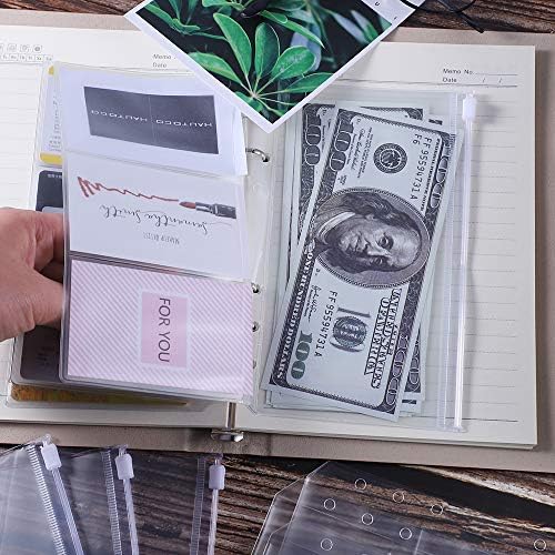 Hautoco 30pcs Pockets de zíper com zíper A6 A6 Mangas de cartões de ônibus de 6 buracos Páginas Páginas envelopes de dinheiro
