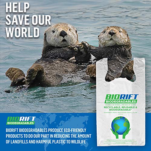 Biorift Eco Friendly Friendly T-shirt Grocery Bags | biodegradável | Certified ASTM D5511 Sacos de compras com Handles | 0,61 mils extra grosso, restos alimentares e compras - 250 contagem
