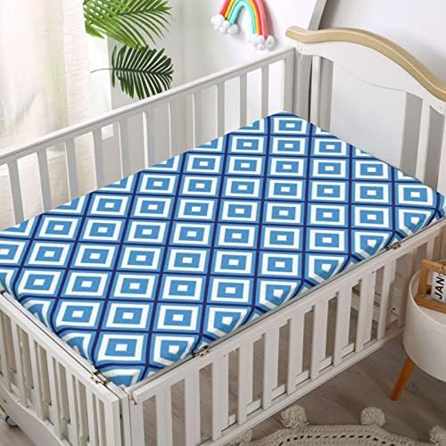 Resumo com temas ajustados mini folhas de berço, lençóis portáteis de mini berço lençóis de colchão de cama para menina ou menino, 24 “x38“, marinha branca azul-céu