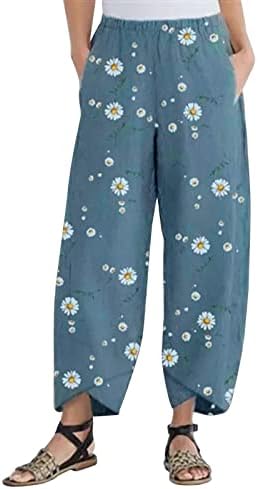 2023 calças de linho de algodão, praia de perna larga de perna larga ioga de ioga solta Capris Daisy Floral impresso calças folgadas