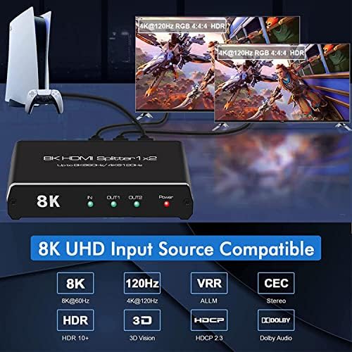 8K 60Hz HDMI Splitter 1x2 ， 4K 120Hz HDMI 2.1 Conversor de divisor 1 em 2 fora HDCP 2.3 UHD HLG HDR 7680x4320p para 8ktv ps5 xbox jogo xbox