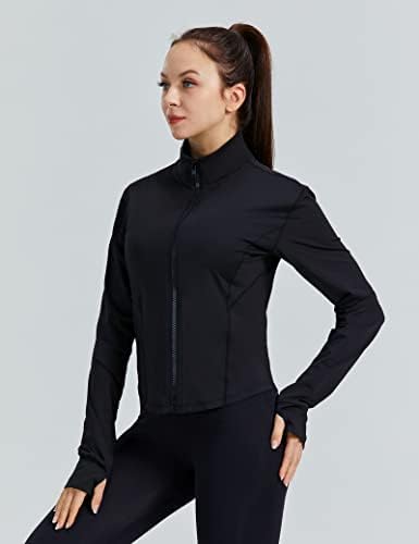 Jaqueta de pista de corrida feminina Full Zip Up Slim Fit Yoga Sports Athletic Jacket com orifícios de polegar