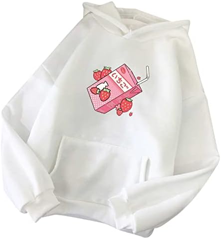 tuduoms pulôver moletons para mulheres fofas leite de morango estampado de capuz estético camisa casual top meninas adolescentes kawaii roupas