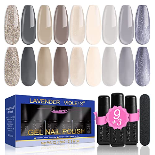 Violetas de lavanda 13 PCS Kit de esmalte em gel com casaco 9 cores, 3 garrafas de base de top mate e mad