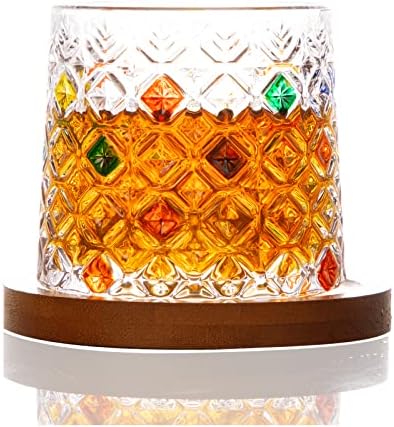 Vidro de uísque de cristal pintado de diamante, vidro antiquado de 360 ​​° rotativo, copos de rocha, com montanhas-russas, vidro exclusivo de chumbo shaker