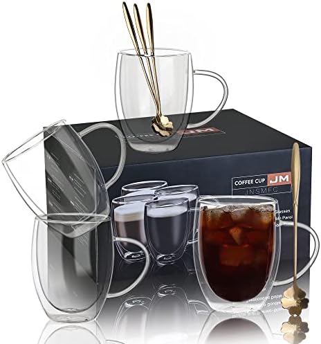 JNSMFC Canecas de café de vidro duplo com alça, canecas de café com 4-pacote de 12 onças, copos de café com vidro
