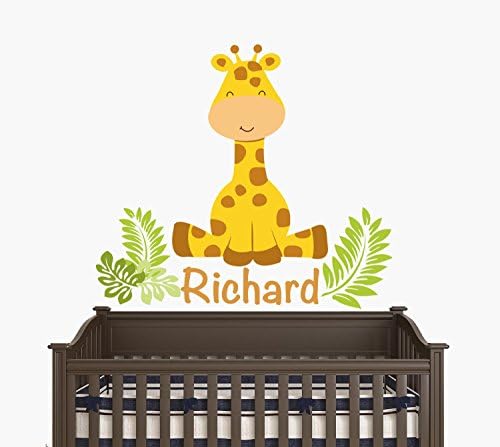 Nome personalizado - girafa sentada com folhas - menino/menina - berçário de decalque de parede para crianças de quarto de casa