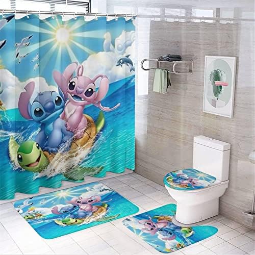 Sykhmu 4pcs Corte de chuveiro de desenhos animados com tapetes que não são de deslizamento, tampa da tampa do banheiro e tapete