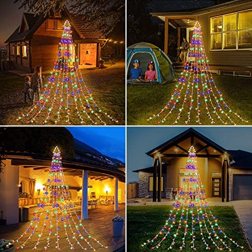 Decorações de Natal Luzes de árvore colorida, 16,4 pés de árvore de Natal Luzes de cordas 320 LED 8 Modos de memória Timer com estrela de 14 de 14 Festival de aniversário de feriado de Natal