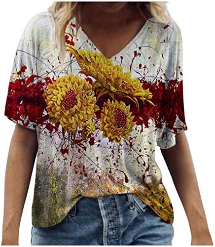 Camisas para mulheres, feminina Loja Casual Manga curta V Blusa de camiseta de pescoço Tops de estampa floral fofos