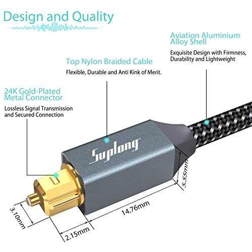 Cabo de dados de áudio de áudio supplongo Cabo de áudio digital de áudio de 6 pés/1,8m de fibra de fibra óptica Toslink S/PDIF para barra de som, TV, Sony, Samsung, Bose, LG, Vizio, Sonos