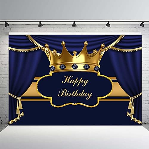 Mehofond Royal Blue Birthday Birthday Cenário para Homem Adulto Prince Decorações de Aniversário Banner Gold e Blue Curtain Crown Gemstone Photos Backer Banner Bolo Table Booth Props Vinyl 10x7ft