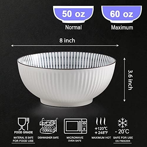 Houlu 60 oz tigelas, tigela grande de sopa, conjunto japonês de tigela ramen, 8 polegadas de porcelana Big porcelana Conjunto de 3, padrão listrado