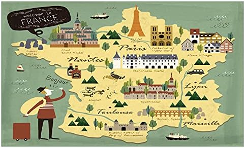 Ambesonne France Cerâmica Polícia de dentes, mapa francês temático viajando com marcos famosos na estampa de estilo doodle,
