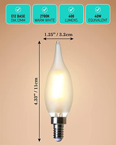 Lâmpadas de candelabra fosca de amdtu lideradas, lâmpadas de 40 watts tipo B Bulbos brancos macios 2700k, base de vela E12, diminuído