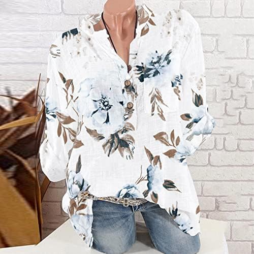 Camisas de linho de algodão feminino Crew pescoço de manga curta Tops estampados florais casuais blusas de ajuste solto