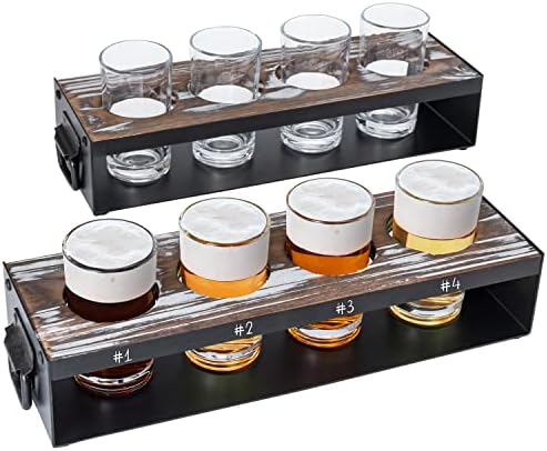Mygift Beer Flight Board com copos que servem caddy em metal preto fosco e madeira tocada com 4 degustação de cerveja, conjunto