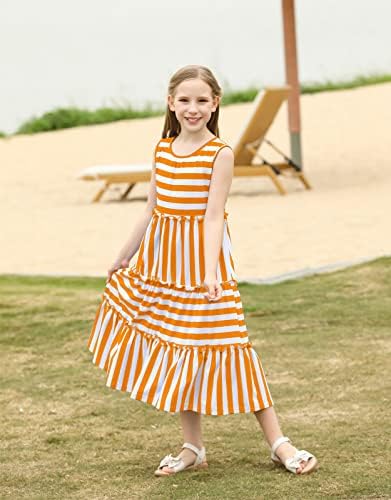 Kymidy Girls Sleeveless Maxi Dress Kids Sundresses Casual listrado para meninas de 6 a 12 anos