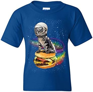 Gato pilotando uma camiseta arco-íris de hambúrguer jovem astronauta gatinho kitten space kids tee