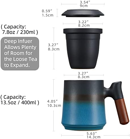 Zens Chá Copo com Infuser e tampa, 13,5 onças Cerâmica azul de cerâmica Loja Folha Caneca, Rosewood Handal