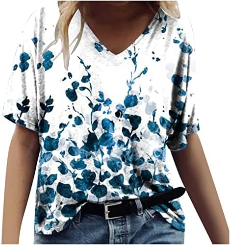 Camisetas casuais de verão feminino v pescoço de manga curta tops paisagem camiseta impressa camise