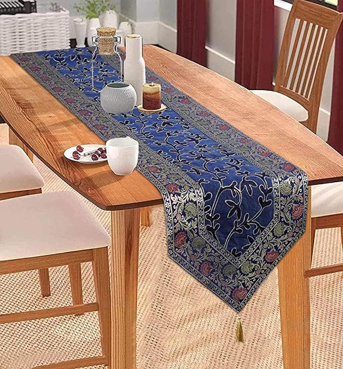 Yatharv Creations Tradicional Brocade Silk Table Runner para sala de estar de 4 a 6 lugares Mesa de jantar Runner Runner Runner Trassels End End 14x72 polegadas