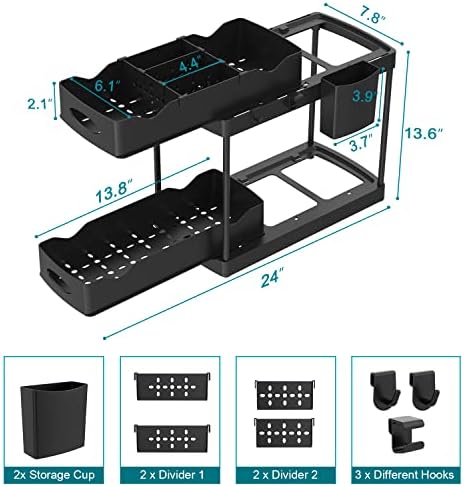 2 pacote sob organizador de pia, 2 camada Double deslizando sob os organizadores da pia e armazenamento multiuso sob armazenamento de gabinete com ganchos, xícara suspensa, divisores, para cozinha de banheiro