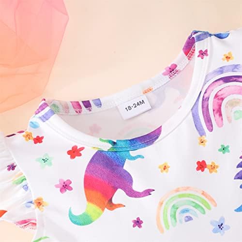 Vestido de verão para meninas para bebês meninas - Cute Dinosaur Gunflower Padrão casual de vestes de borboleta com manga de babados