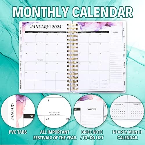 Planejador de capa dura 2023-2024 7,9 x 9,8, grande marca de 18 meses diariamente planejador mensal Agenda anual de janeiro de 2023-Jun. 2024, guias de página, página do separador, pasta de bolso, espiral