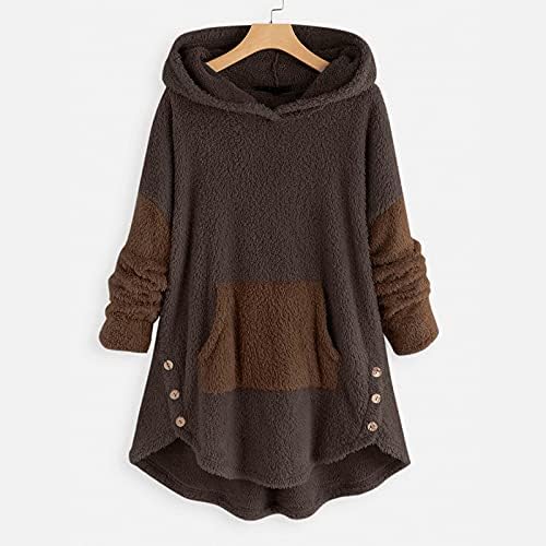 Sorto de pullover feminino Crewneck lã de lã de inverno botão assimétrico bainha plus size capuz tops blusa de suéter