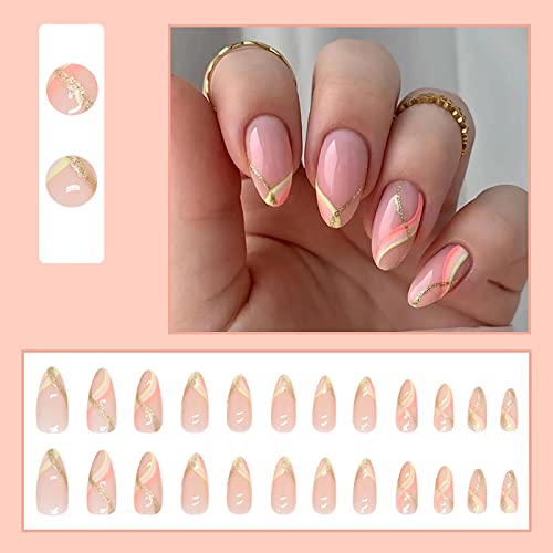 Ezpieces French Tip Press On Unhes Short com cola de unhas, unhas falsas de amêndoa média com design de redemoinho, cola de acrílico em unhas para mulheres/diariamente/festa, 24pcs/set