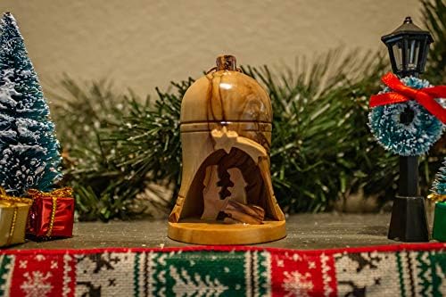 Logos Trading Post Terra Santa Olive Wood Christmas Bell Nativity de Israel, Jesus Maria e José na Manjecta com Estrela de Tiro, Ornamento de Modelo de Belém - Médio