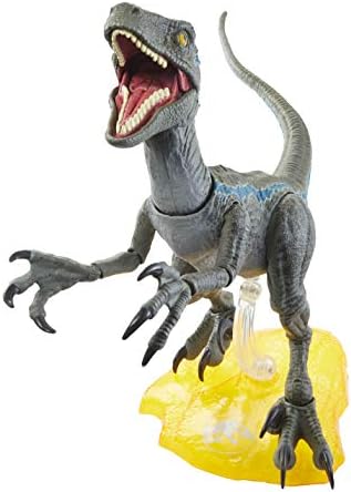 Jurassic World Toys Velociraptor Blue 6 polegadas Figura de ação colecionável com detalhes autênticos de filme, articulações móveis e suporte de exibição de figuras; para idades de 4 anos ou mais