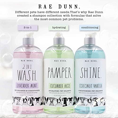 Rae Dunn 1000ml Wash. 2 em 1 shampoo de estimação + condicionador. Fórmula calmante com óleo de amêndoa, aveia e mel. Perfume de hortelã