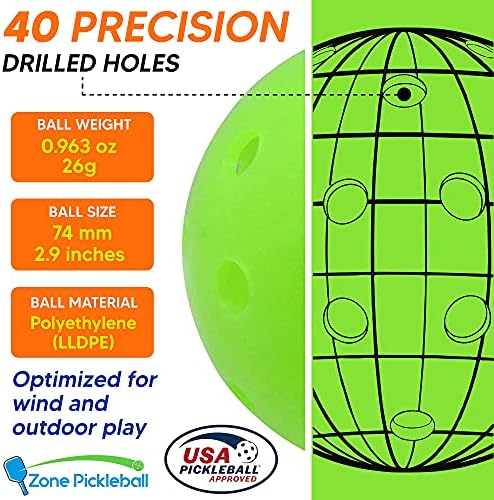 Zona pb neon verde bola de pickleballs | USAPA aprovada | 40 orifícios | Durável | 6 pacote