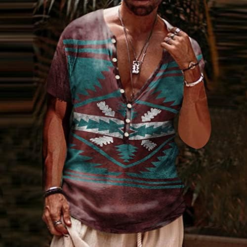 BEUU Mens Aztec Henley camisas 3D Retro angustiado Botão de impressão vil de pescoço Tops de verão Camisa de praia gráfica de manga curta