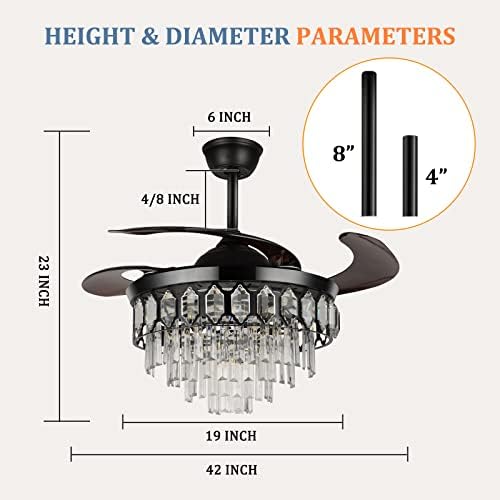 42 Luz de ventilador de teto de cristal de 42 com fãs de teto retrátil remoto e moderno e moderno com luzes de lustre de