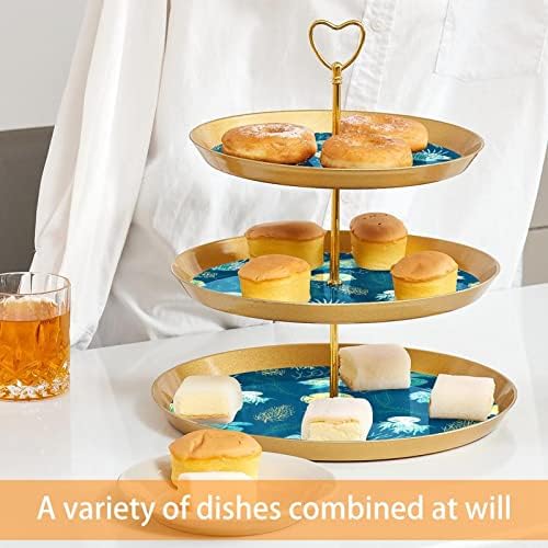 Conjunto de bolo de 3 cupcakes de 3 camadas Stands reutilizáveis ​​Plates de pastelaria para casamento Decorações de festas de chá de aniversário, coral de água -viva de tartaruga oceânica