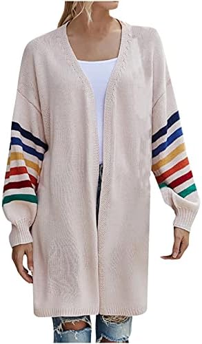 Cardigã de suéter longos para feminino Aberto dianteiro listrado colorido lanterna lanterna de tamanho grande tricô