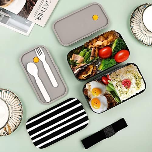 Listras de tinta preta Box de camada dupla Bento com utensílios de utensílios de almoço empilhável inclui 2 contêineres