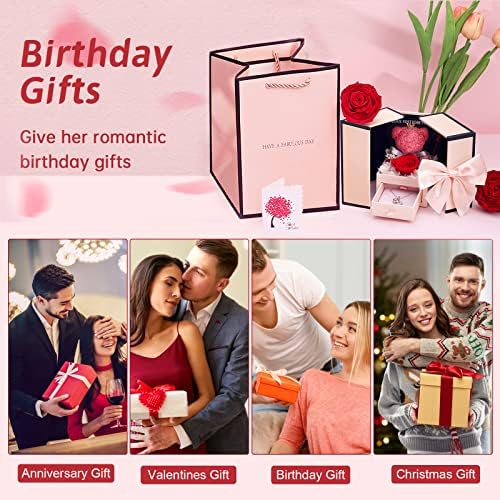 Presentes de aniversário para mulheres, Moss Bear com uma única Rosa Rosa Preservada Caixa de Presente de Flores, Presentes de Aniversário