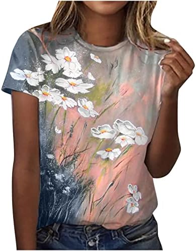 Camisas para mulheres, camiseta feminina de verão Floral Tremed Blouse Casual Crewneck Manga curta camiseta camiseta