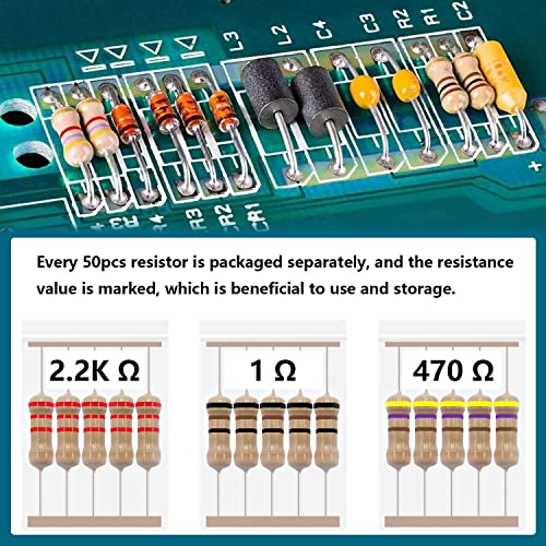 SMSEACE 1250PCS 1/4W Kit de resistor de carbono 1ohm-1m ohm com ± 5% faixa de tolerância 25 valores kit de sortimento de resistor de