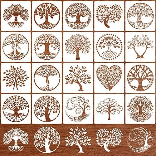 25 peças Tree of Life Padrão Estêncils Modelo de decoração de árvore de plástico Desenho pintando estêncils quadrados estênceis